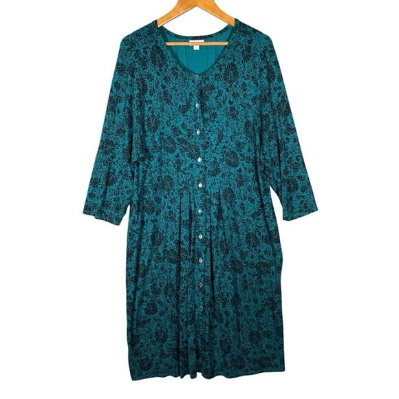 J Jill Dress XL Viridian Deco Scroll Green Floral Pleated Button Up Stretch - Picture 1 of 12